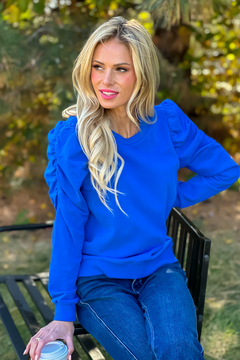 Finlay Ruched Sleeve Knit Top : Cobalt