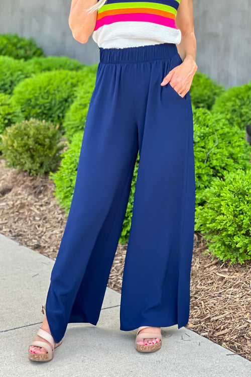 Glam Style Side Slit Wide Leg Pant : Navy