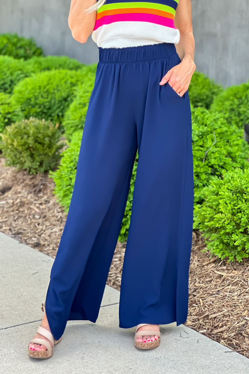 Glam Style Side Slit Wide Leg Pant : Navy