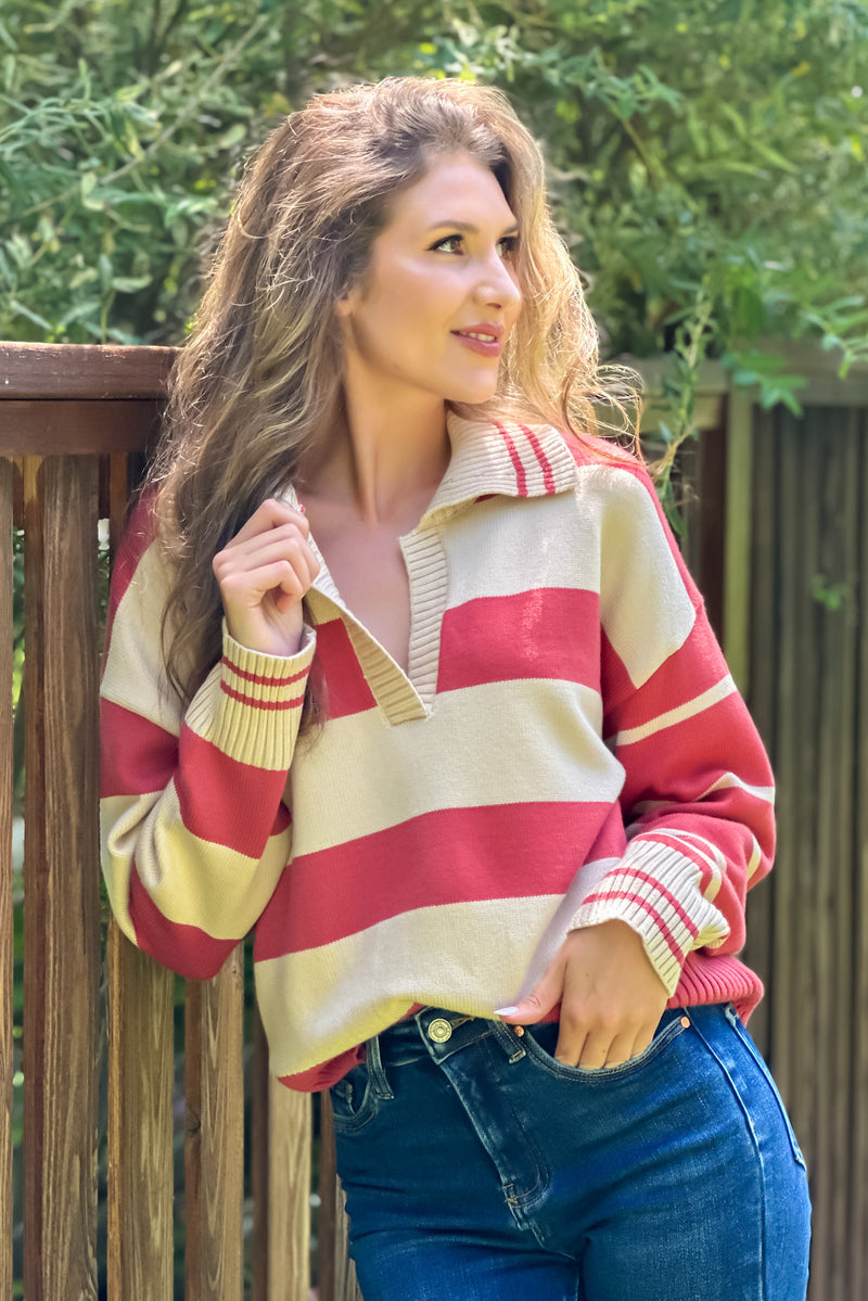 Julienne V neck Striped Top : Rust