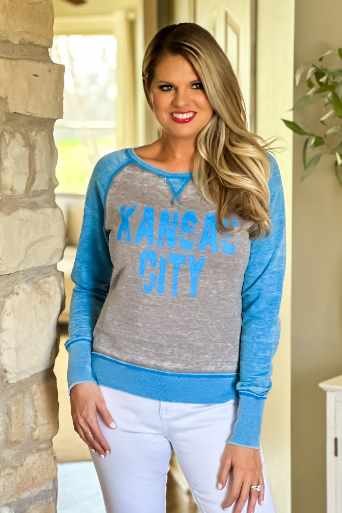 Kansas City Distressed Contrast Crew : Grey/Ocean