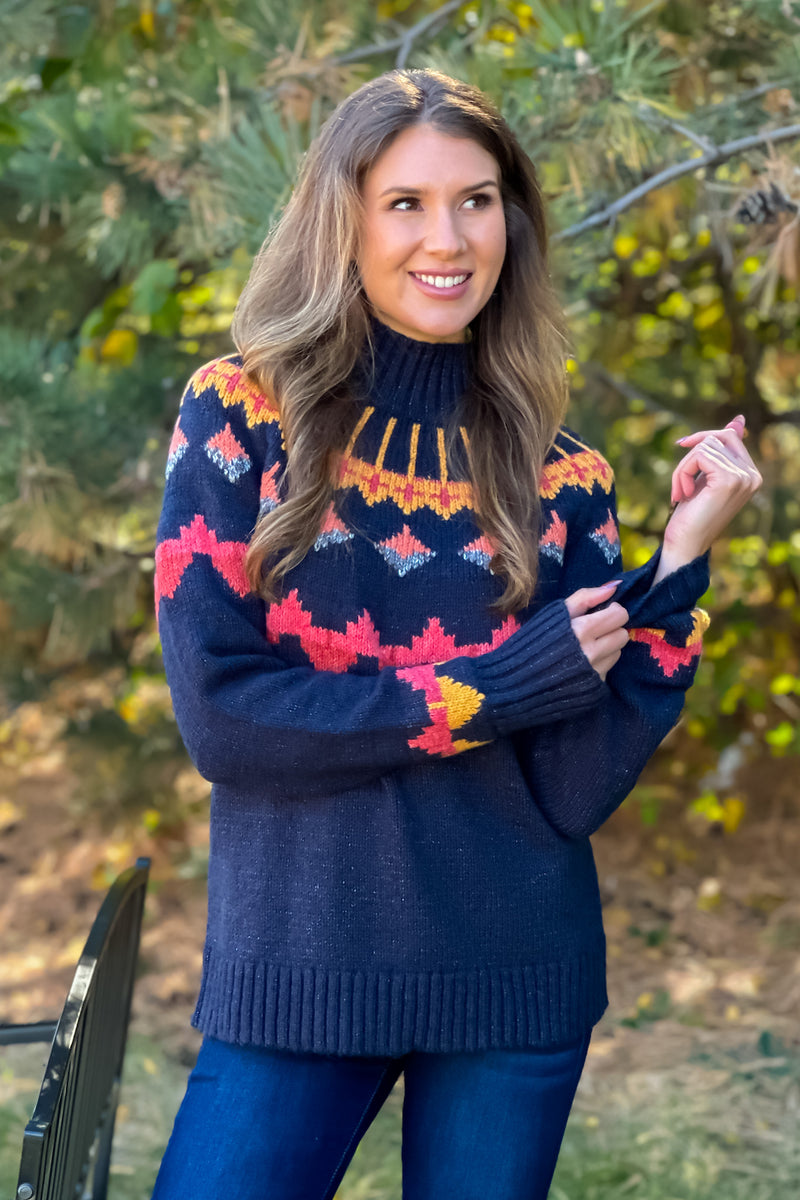 Tribal Nyah Mock Neck Printed Sweater : Night Sky