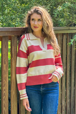 Julienne V neck Striped Top : Rust