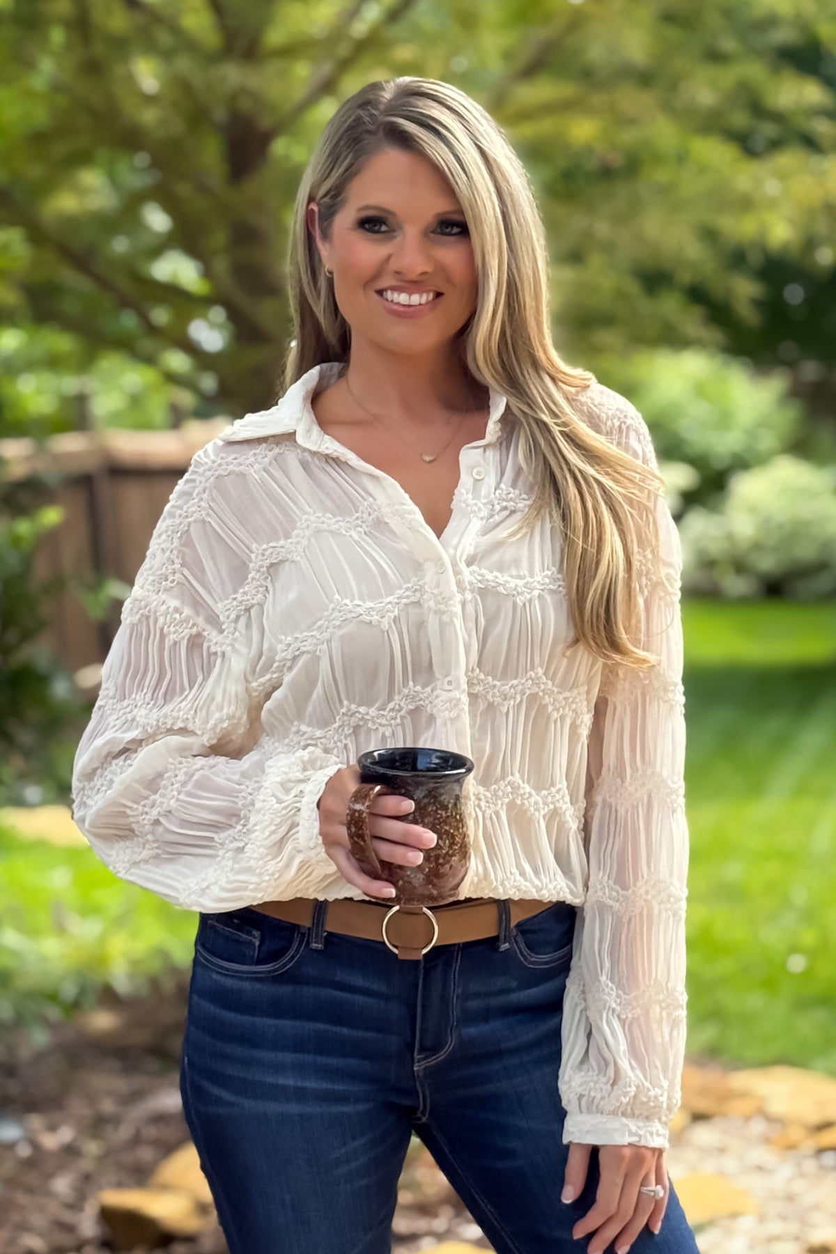 Niomee Romantic Sheer Textured Blouse : Butter Cream