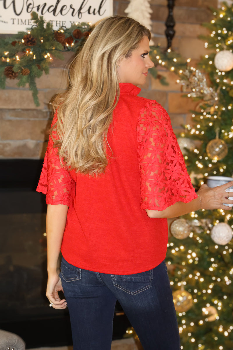 Kumasi Lace Sleeve Suede Top : Red
