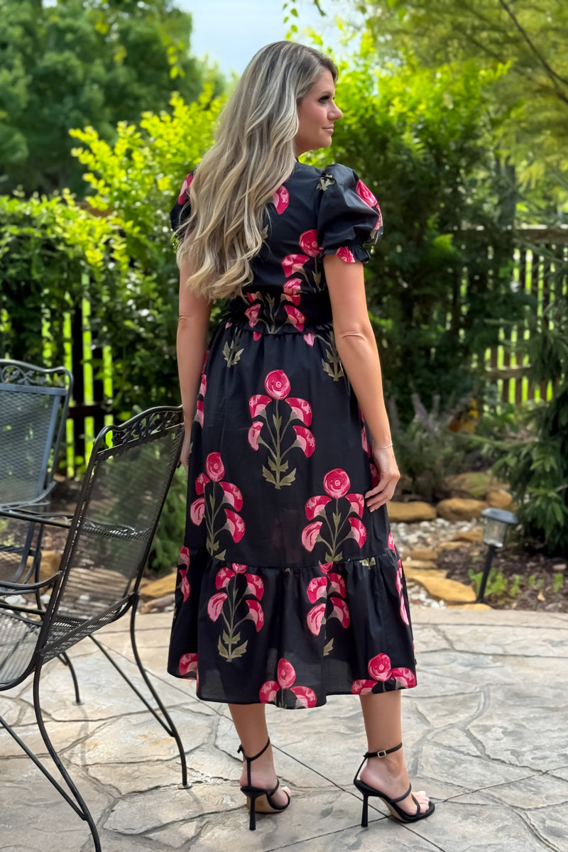 Miranda Floral Print Smocked Dress : Black