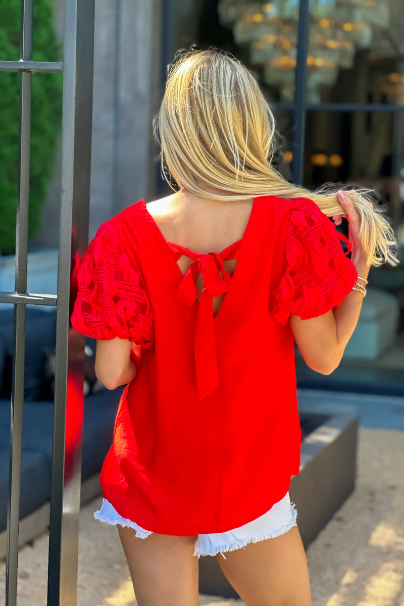 Ronda V neck with Sleeve detail : Tomato Red