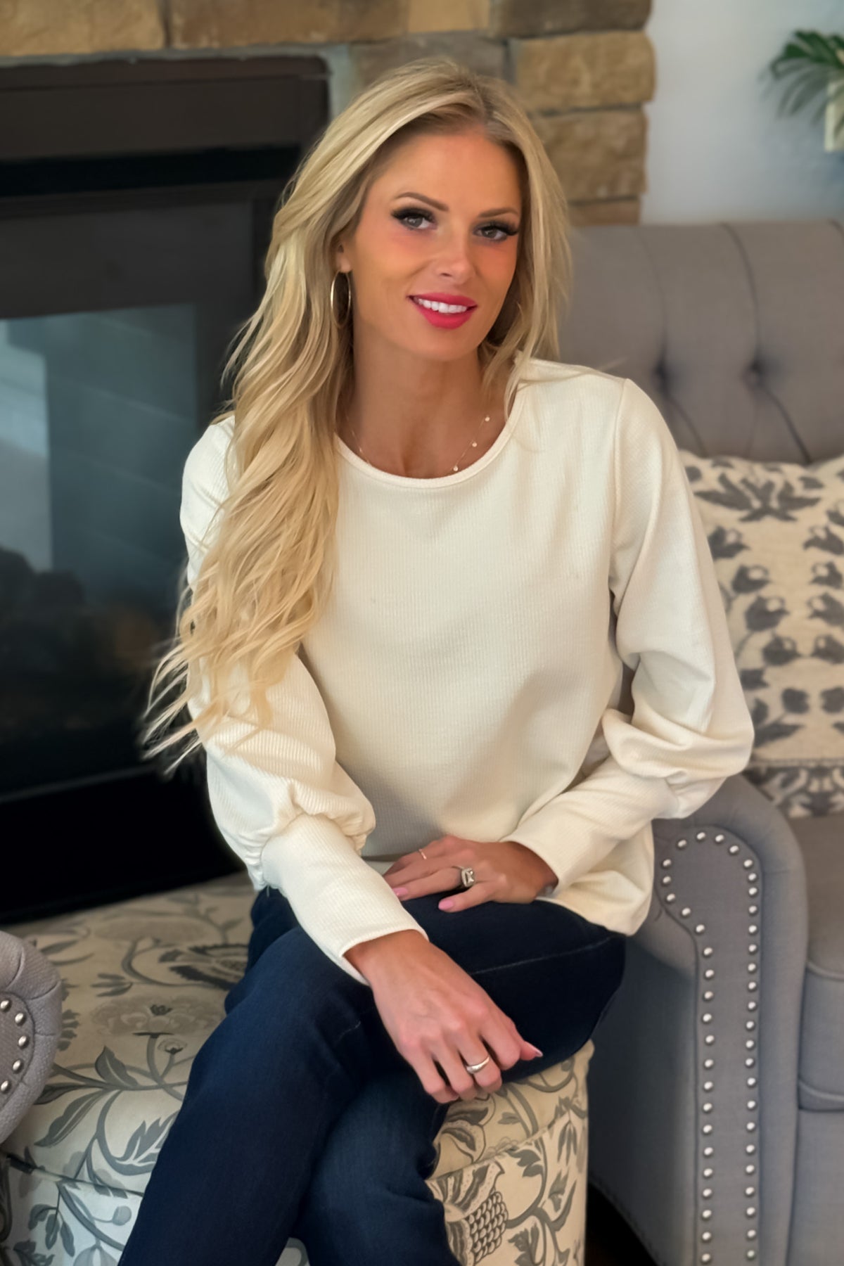 Monika Knit Banded Sleeve Top : Ivory