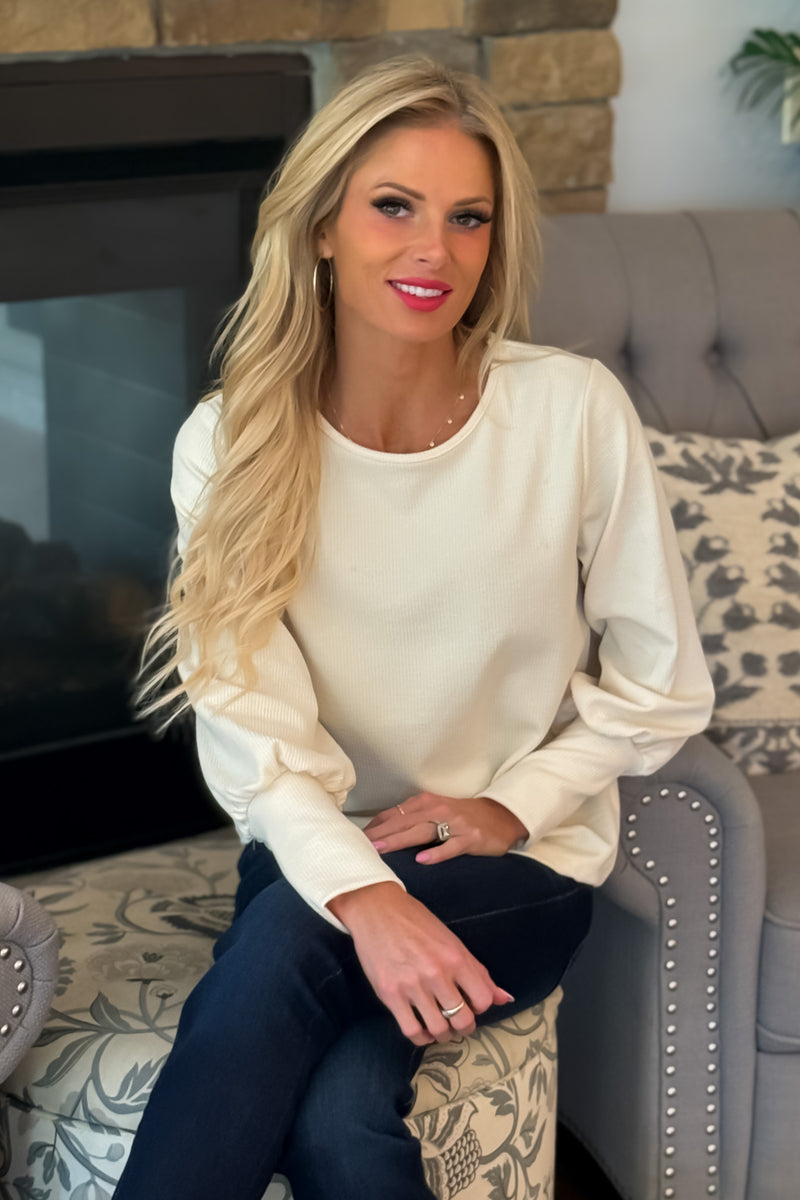 Monika Knit Banded Sleeve Top : Ivory