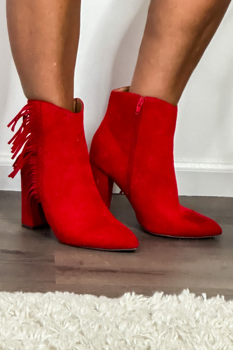 Corkys Westbound Suede Fringe Bootie : Red