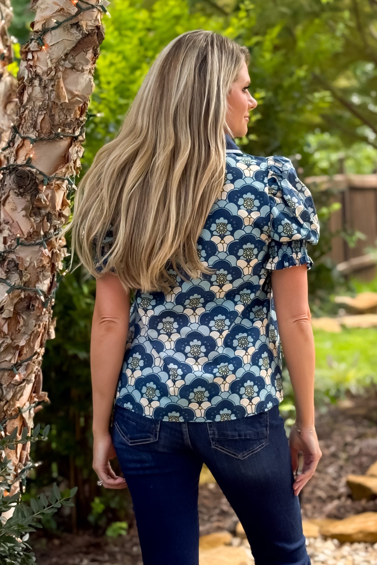 Kylah Bubble Sleeve Printed Blouse : Navy