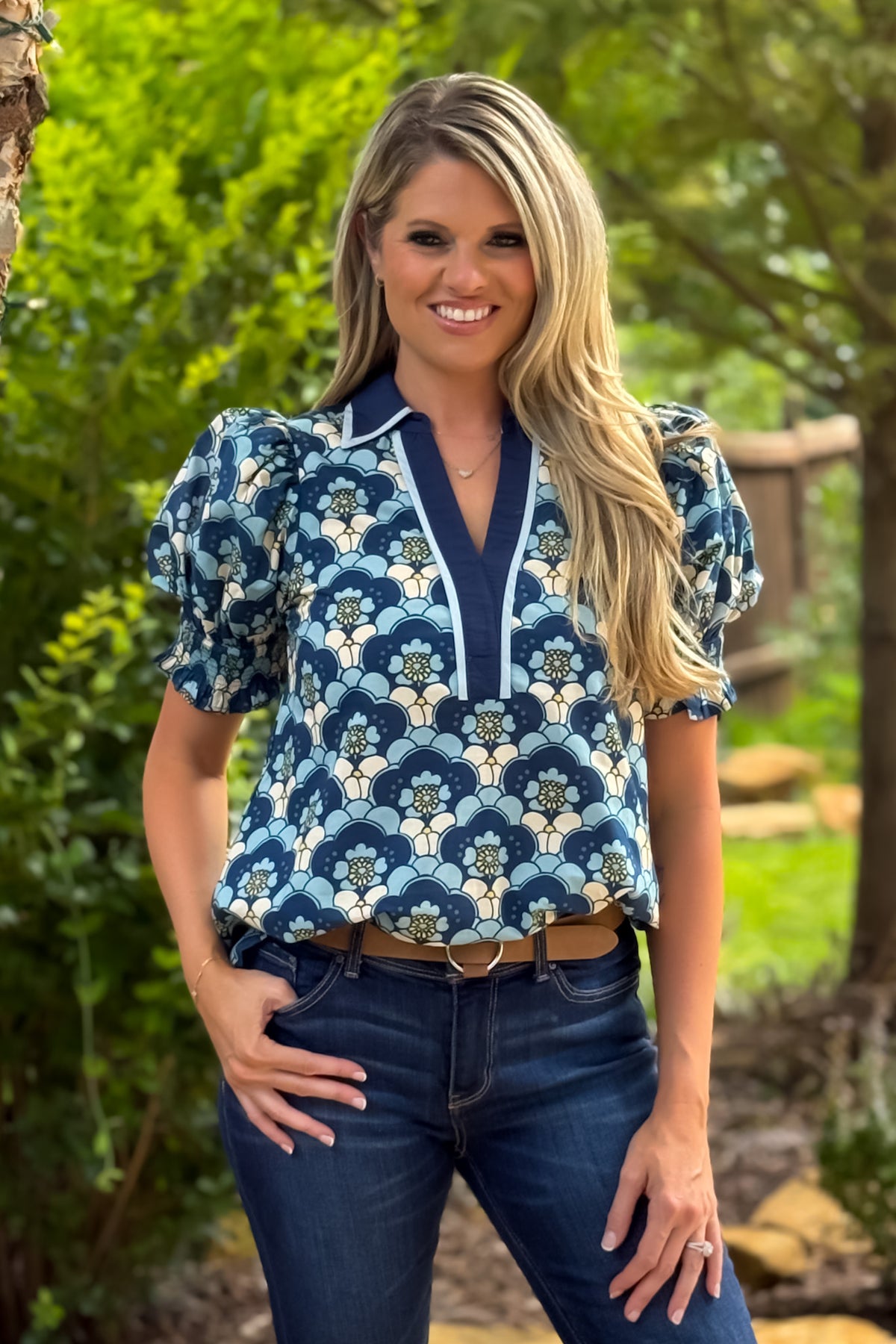 Kylah Bubble Sleeve Printed Blouse : Navy