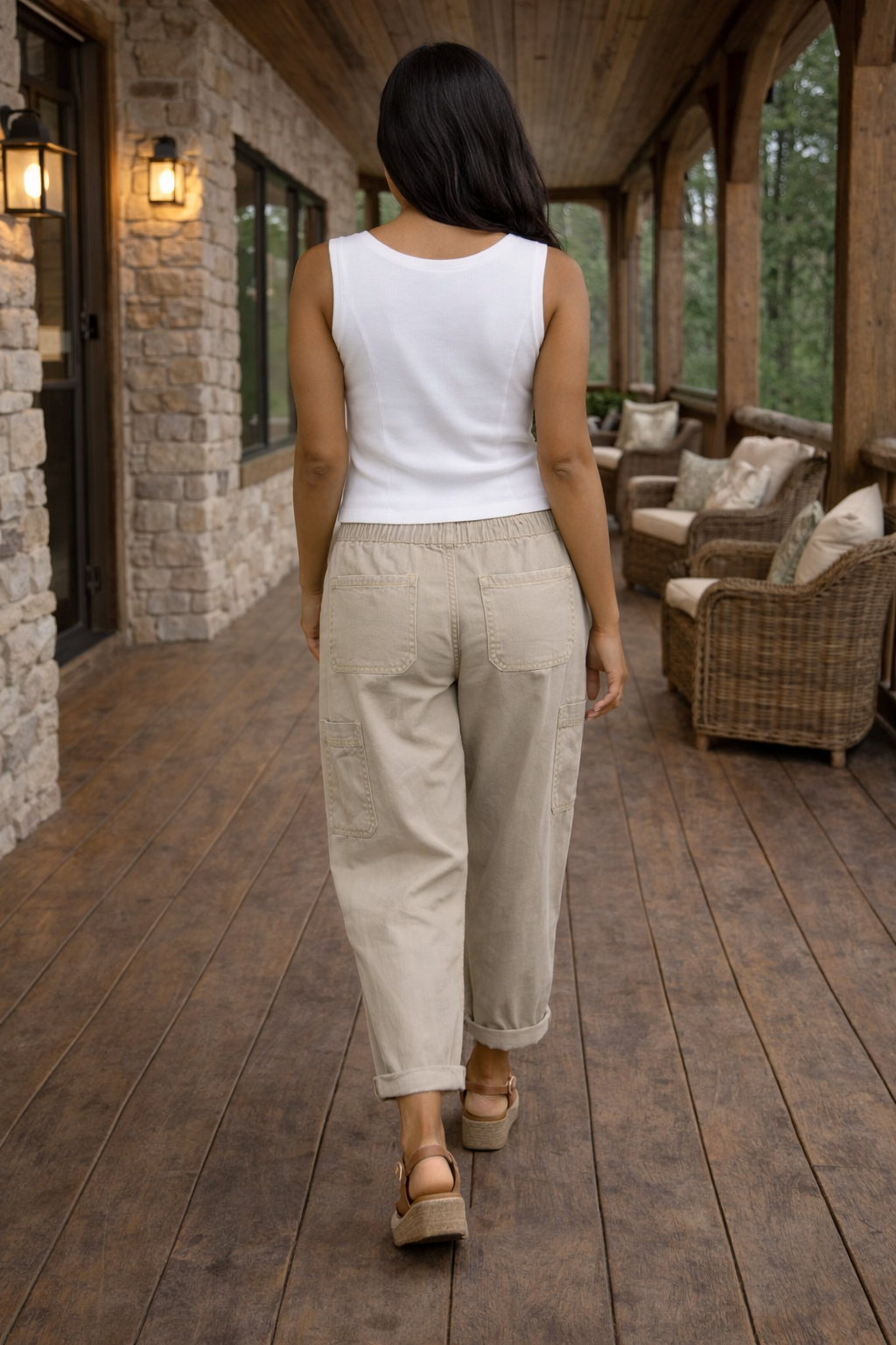 Risen Mara High Rise-Crop Wide Barrel Cargo Pocket Cuffed Jeans : Almond