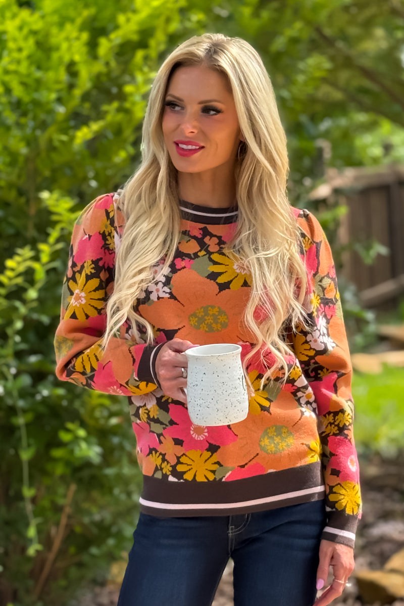 Kienna Floral Pattern Jacquard Sweater : Chocolate