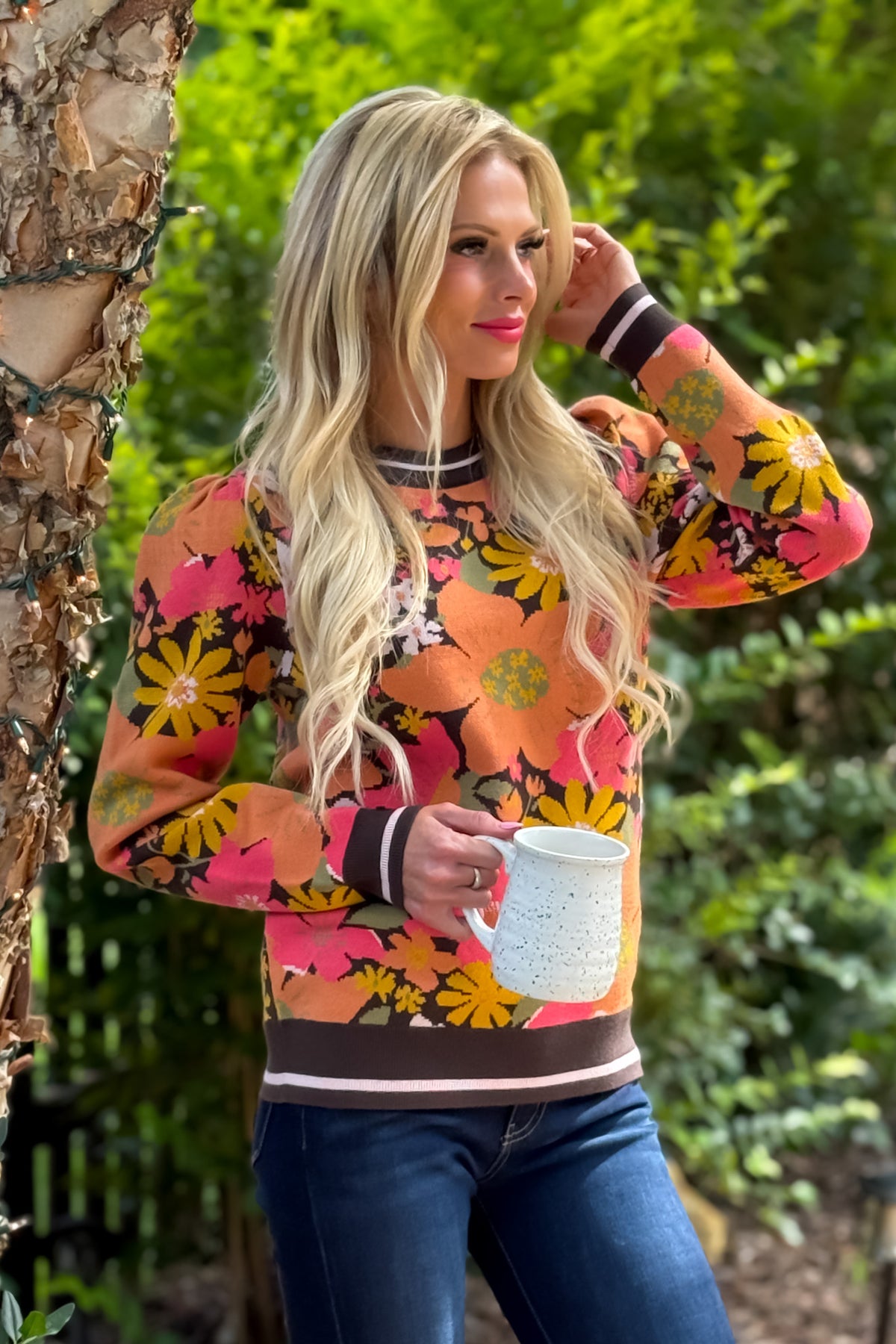 Kienna Floral Pattern Jacquard Sweater : Chocolate