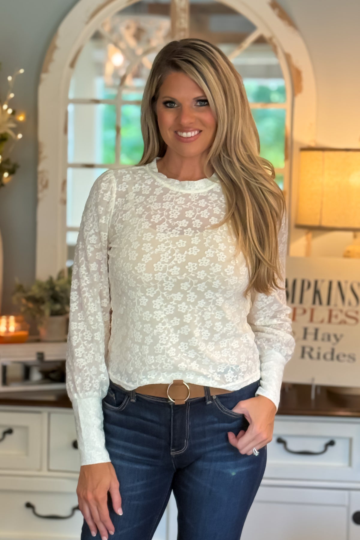 Kara Textured Knit Puff Sleeve Lace Top : Off White