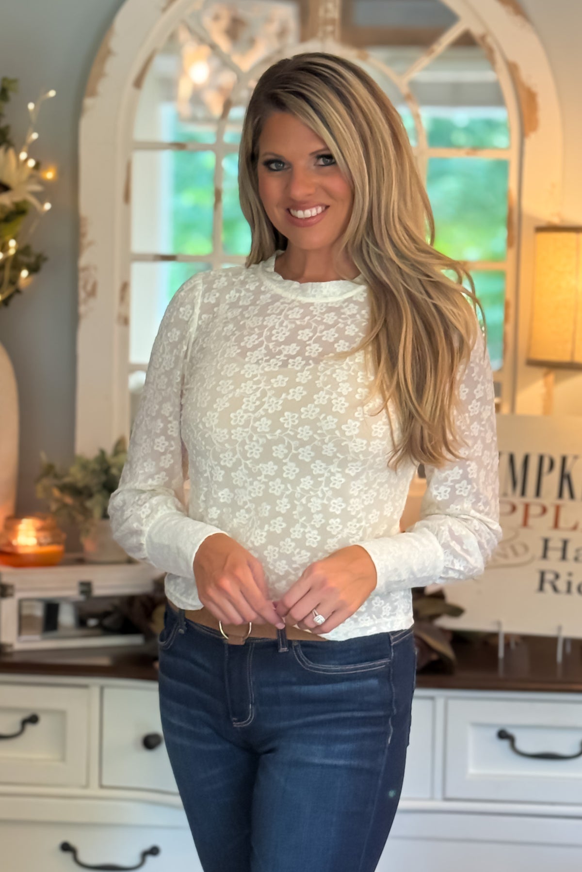 Kara Textured Knit Puff Sleeve Lace Top : Off White