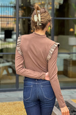 Raine Mock Neck Ruffled Detail Sleeve Top : Mocha