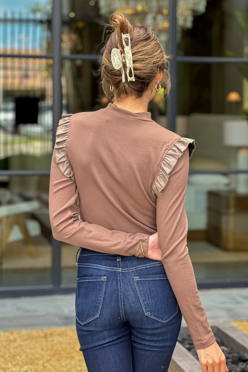 Raine Mock Neck Ruffled Detail Sleeve Top : Mocha