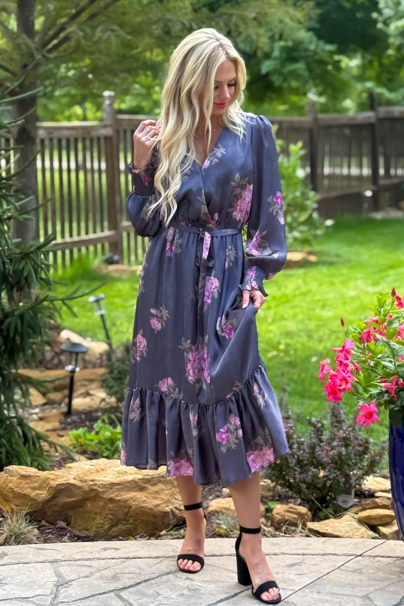 Olivette Surplice Neck Midi Dress : Charcoal