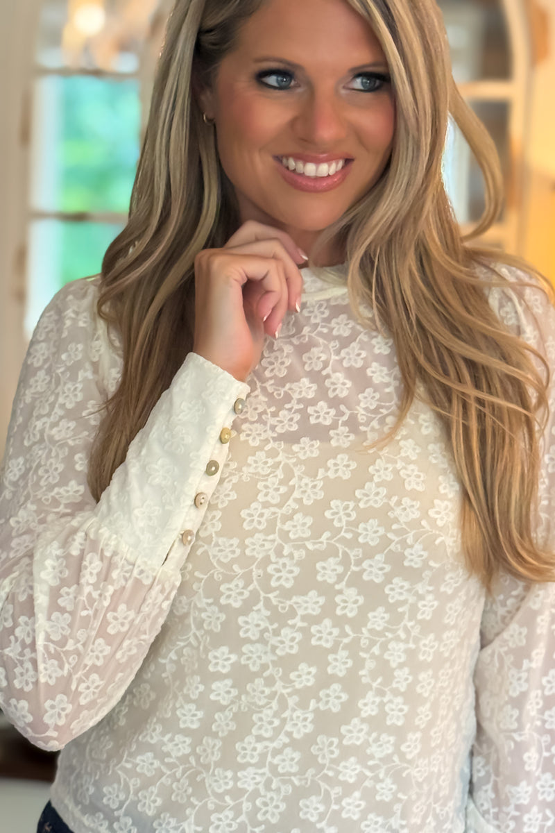 Kara Textured Knit Puff Sleeve Lace Top : Off White
