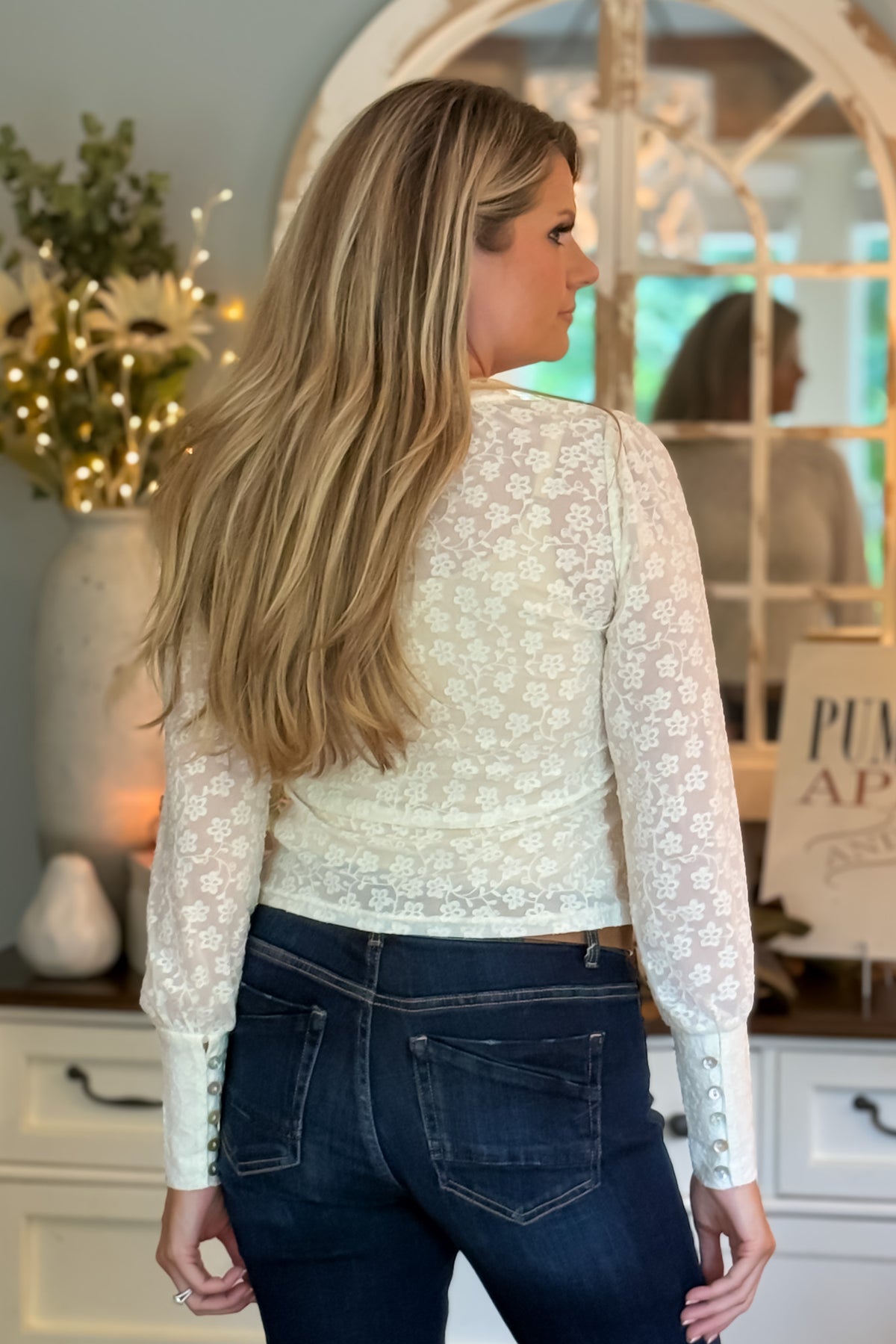Kara Textured Knit Puff Sleeve Lace Top : Off White