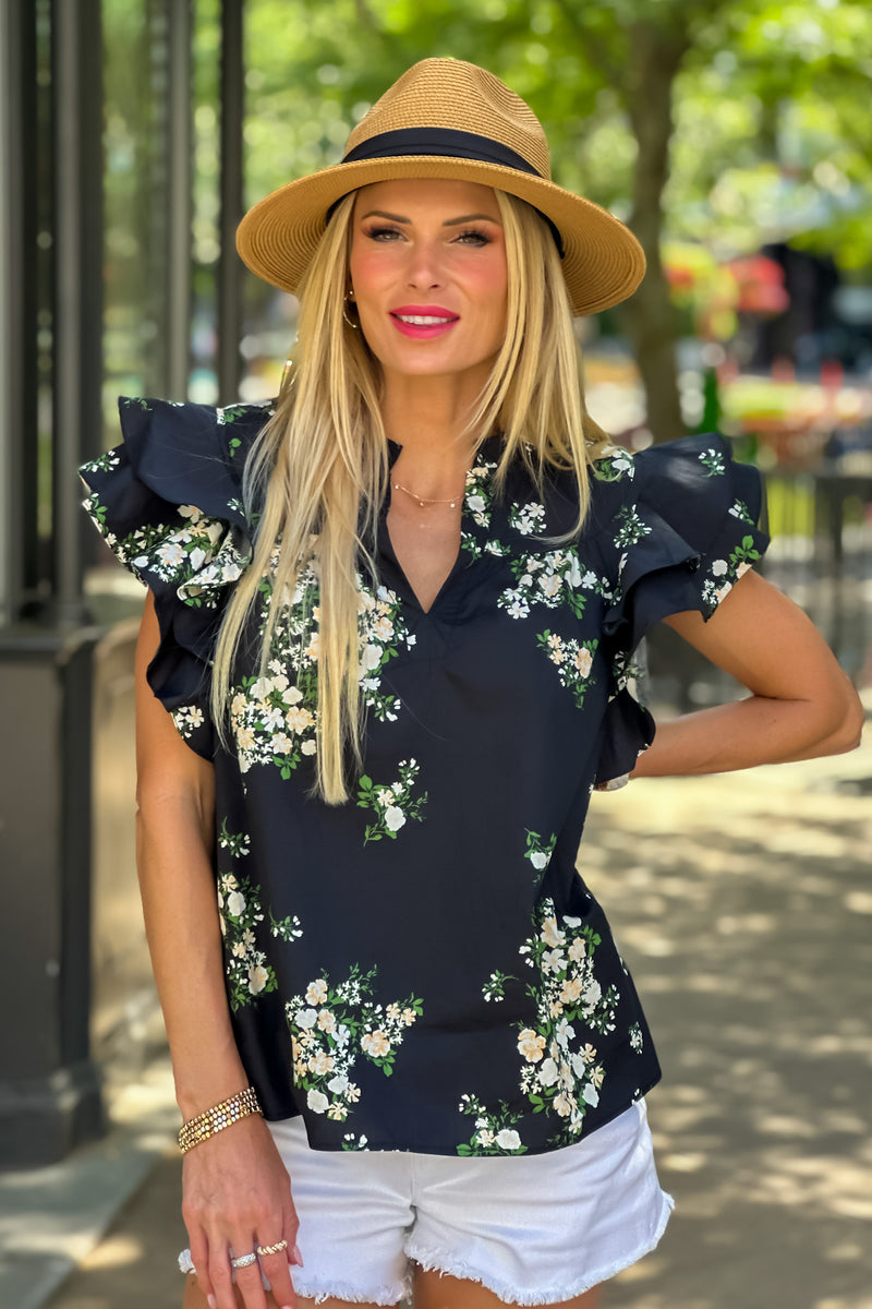 Tatum Floral Split Neck Top : Black Multi