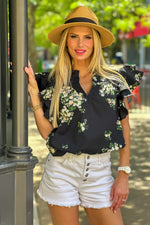 Tatum Floral Split Neck Top : Black Multi