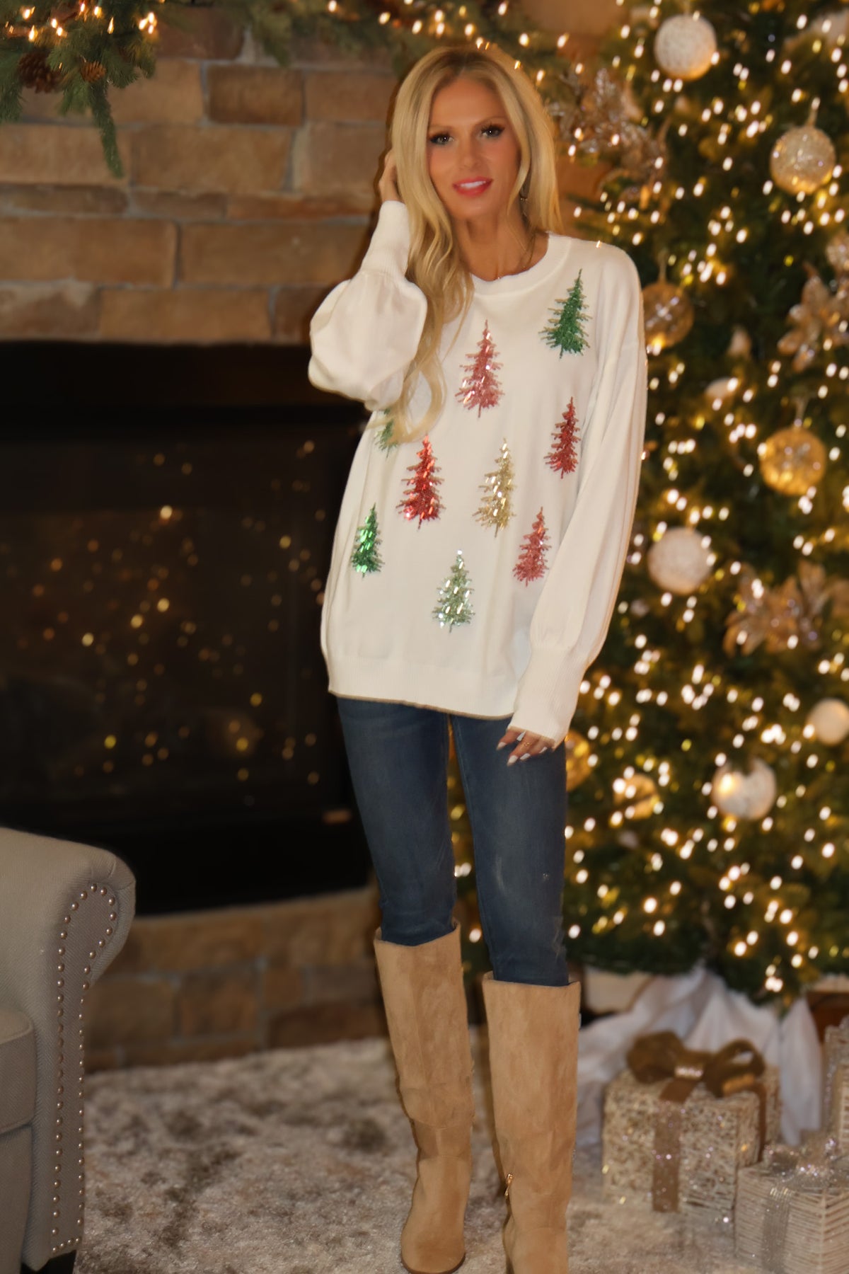 Shirley Tree Sequin Detail Knitted Sweater : Cream