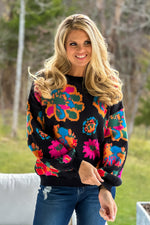 Get Happy Floral Bubble Sleeve Sweater : Black/Multi