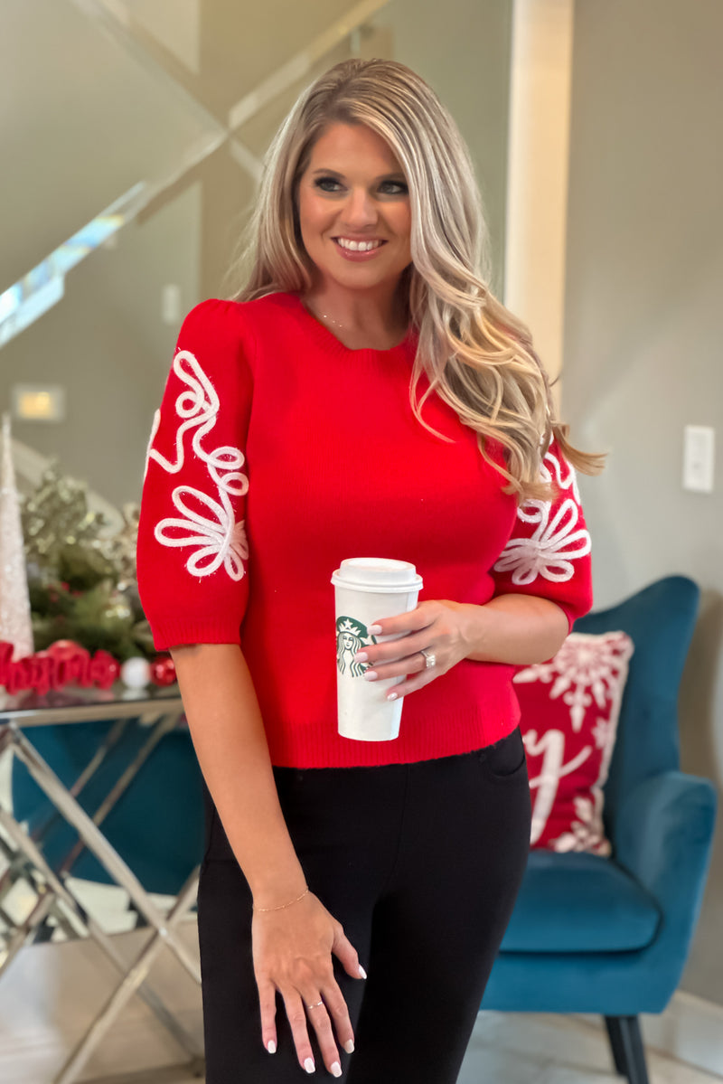 Holiday Ribbon Short Sleeve Sweater : Red