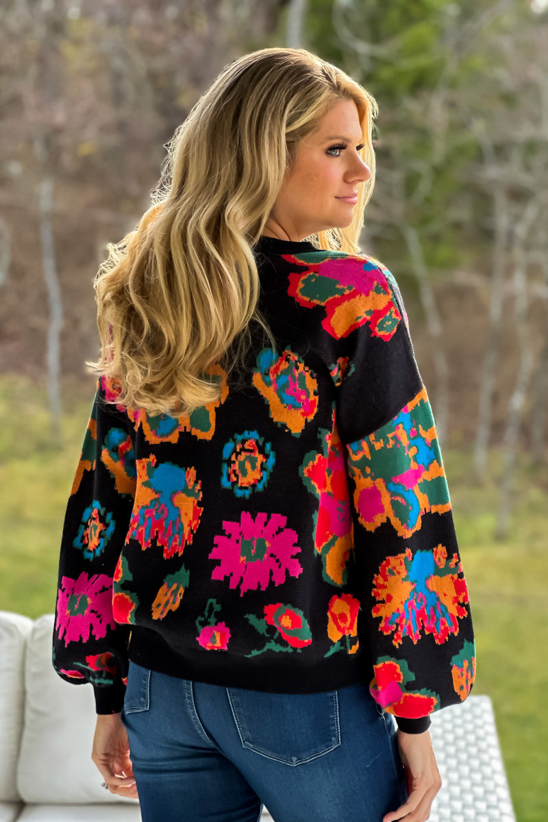 Get Happy Floral Bubble Sleeve Sweater : Black/Multi
