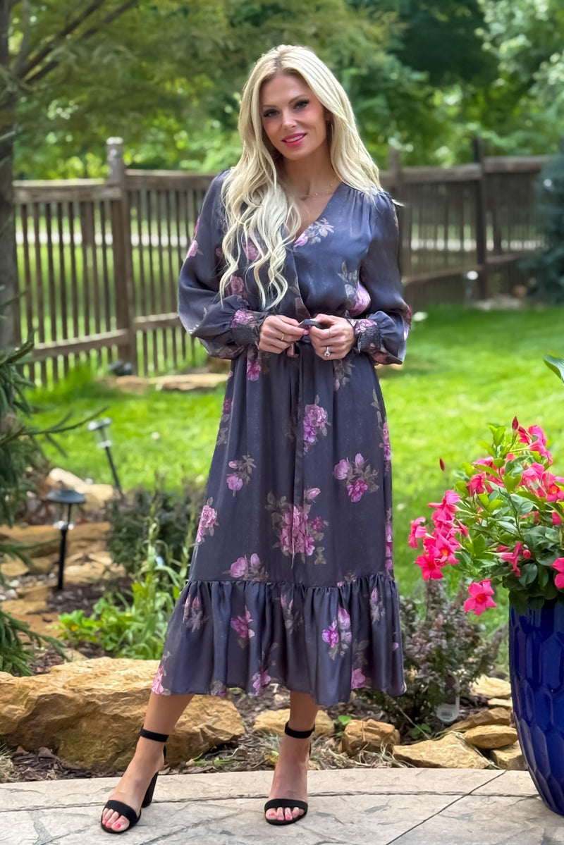Olivette Surplice Neck Midi Dress : Charcoal