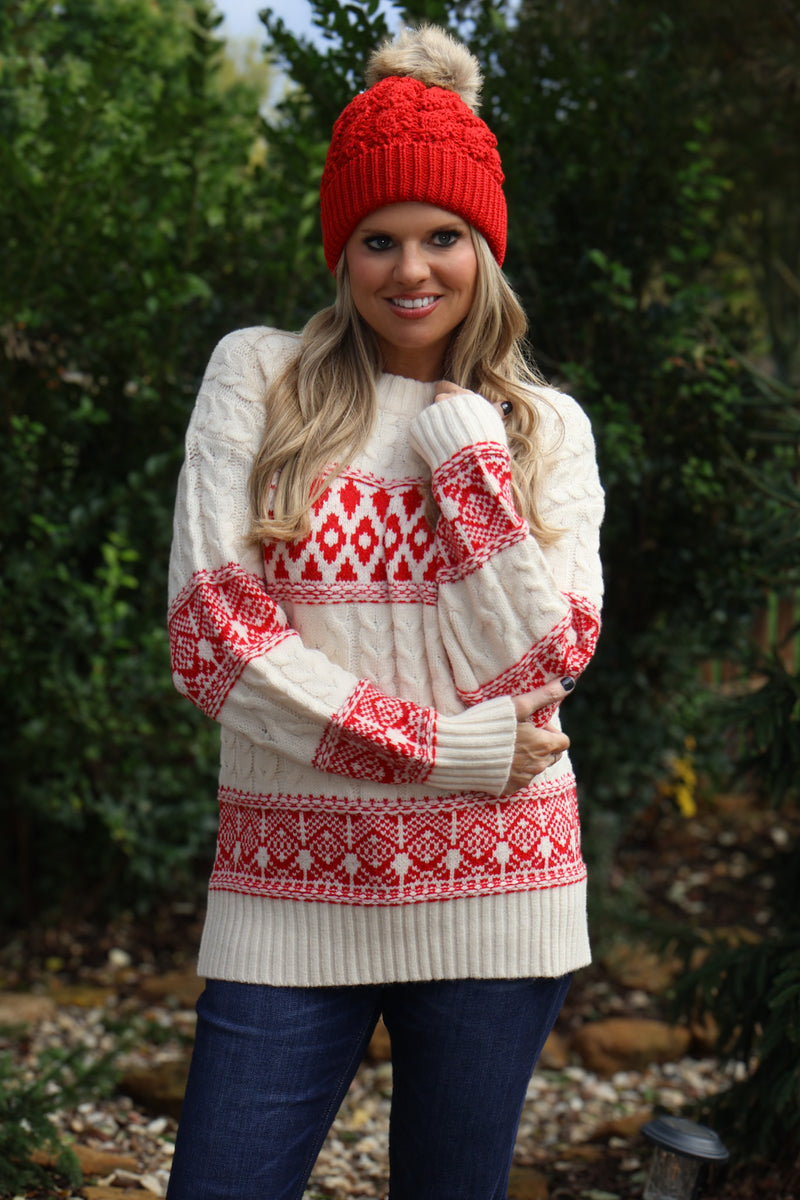 Holiday Celebrations Crew Neck Knitted Sweater : White/Red