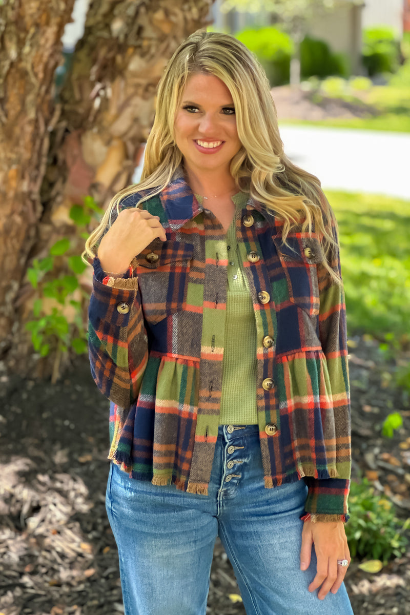 Kyrstin Peplum Fringe Plaid Jacket : Green