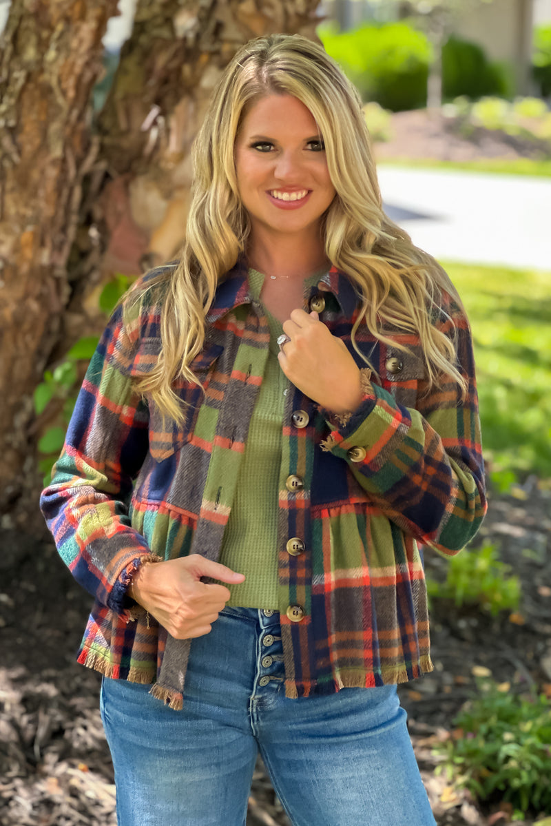 Kyrstin Peplum Fringe Plaid Jacket : Green