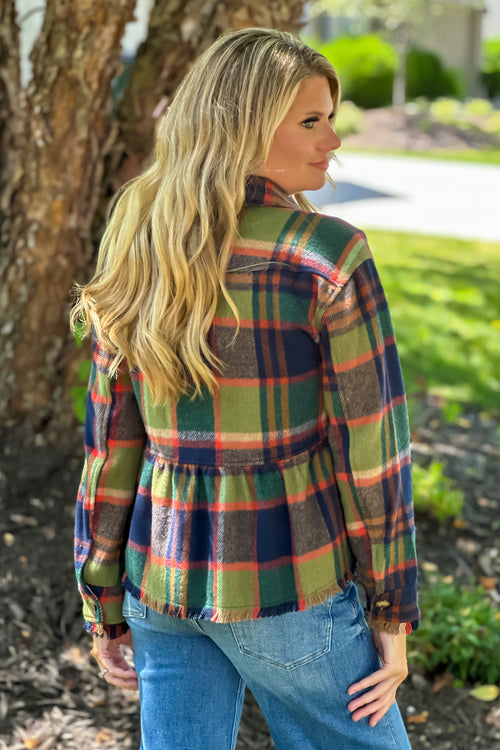 Kyrstin Peplum Fringe Plaid Jacket : Green