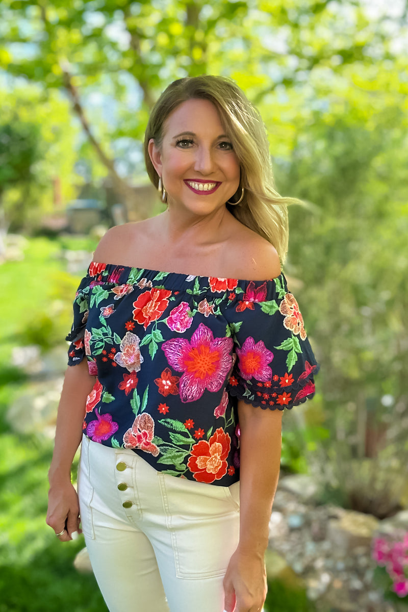 Bonnie Floral Print Off Shoulder Top : Navy