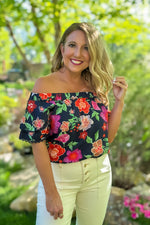 Bonnie Floral Print Off Shoulder Top : Navy