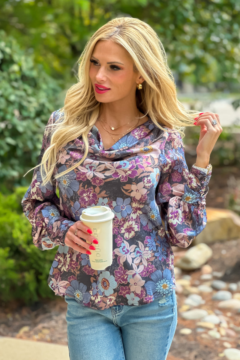 Lauren Printed Cowl Neck Blouse : Navy