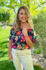 Bonnie Floral Print Off Shoulder Top : Navy