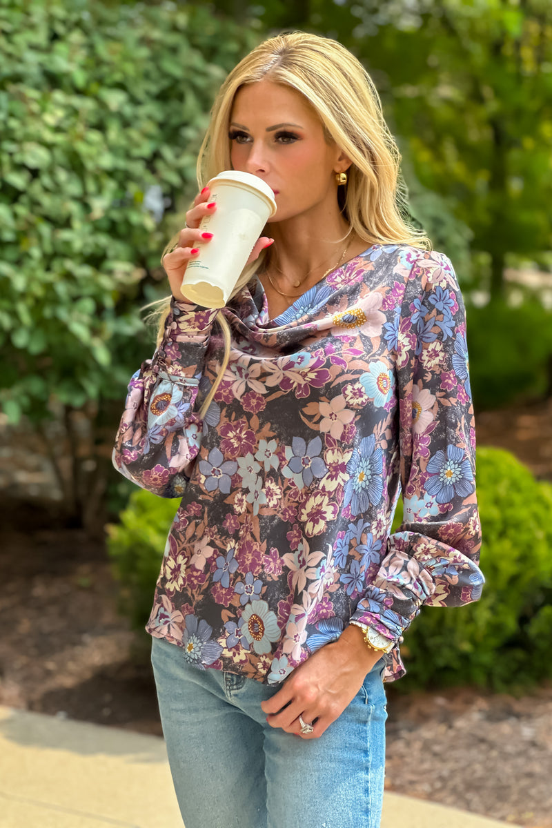 Lauren Printed Cowl Neck Blouse : Navy