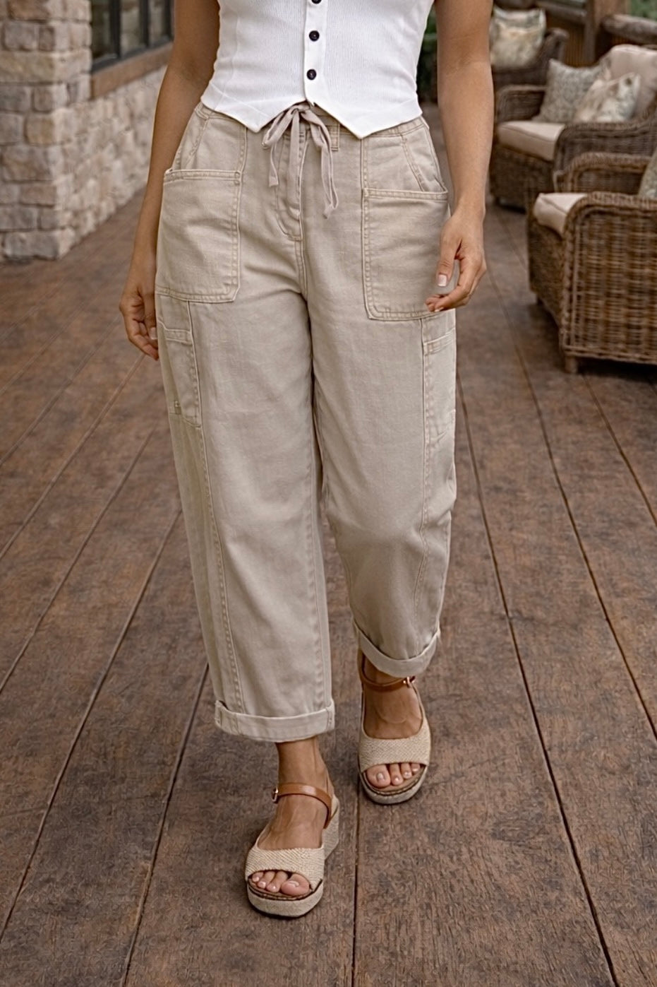 Risen Mara High Rise-Crop Wide Barrel Cargo Pocket Cuffed Jeans : Almond