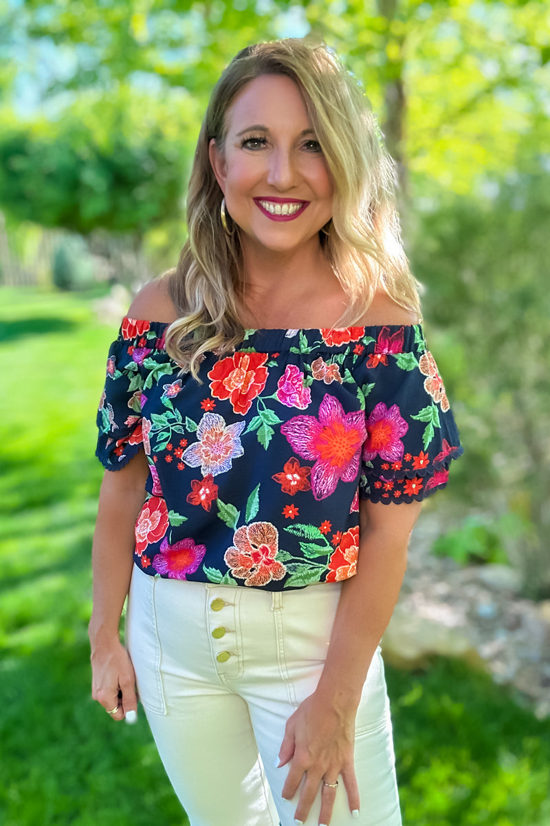 Bonnie Floral Print Off Shoulder Top : Navy