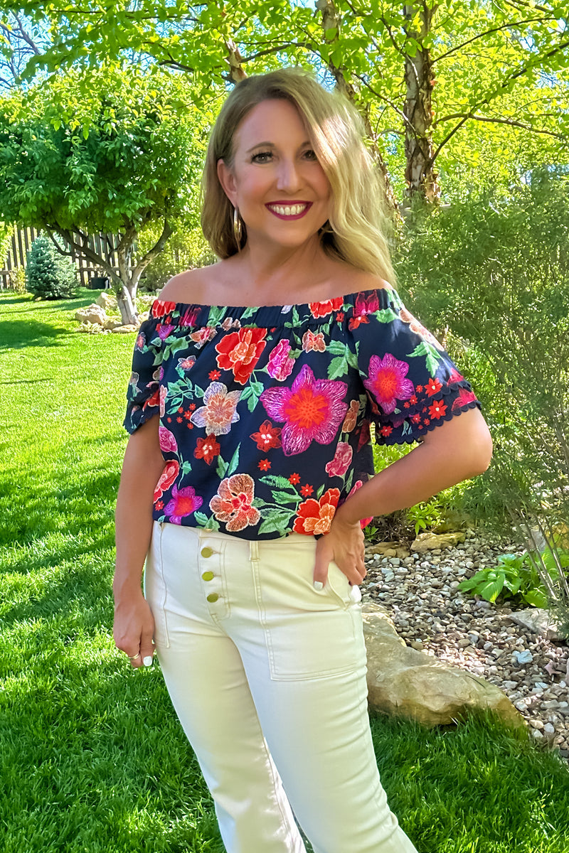 Bonnie Floral Print Off Shoulder Top : Navy