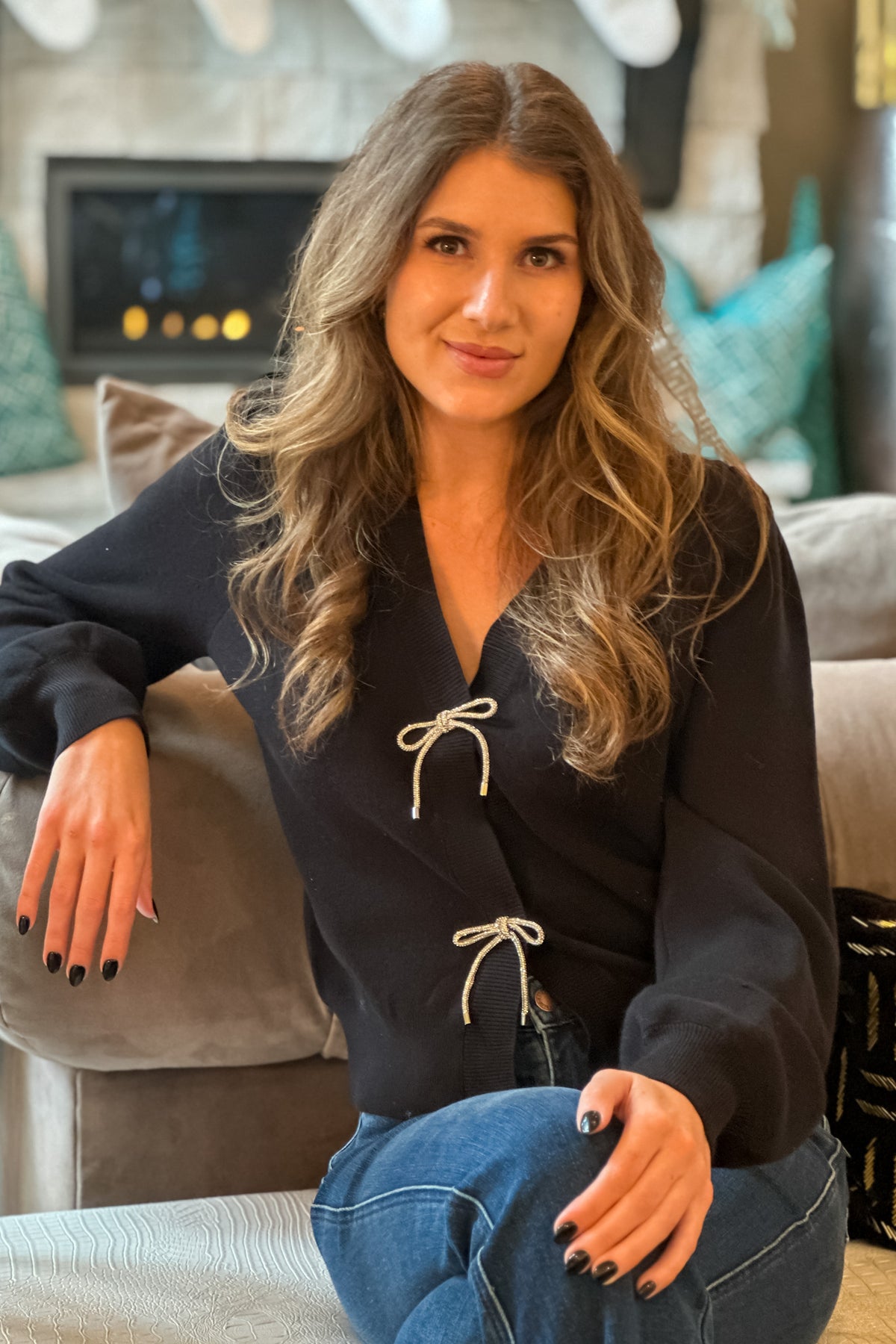 Holiday Carols Bow Sweater Cardigan : Black