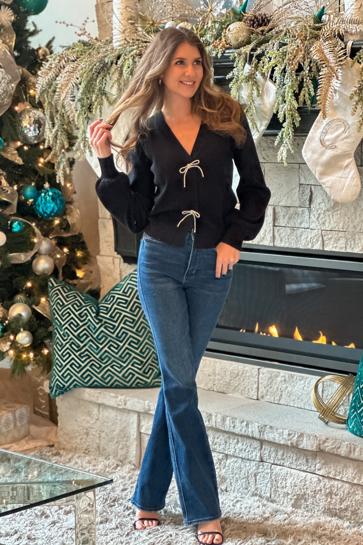 Holiday Carols Bow Sweater Cardigan : Black