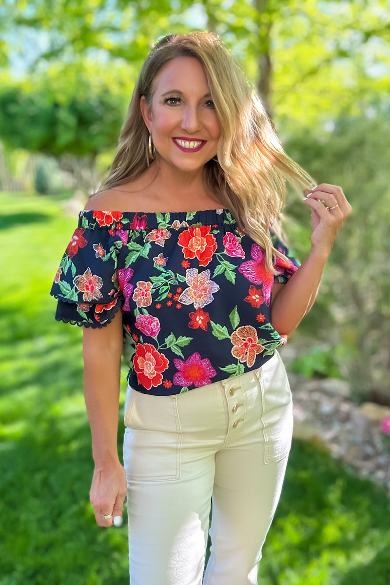 Bonnie Floral Print Off Shoulder Top : Navy