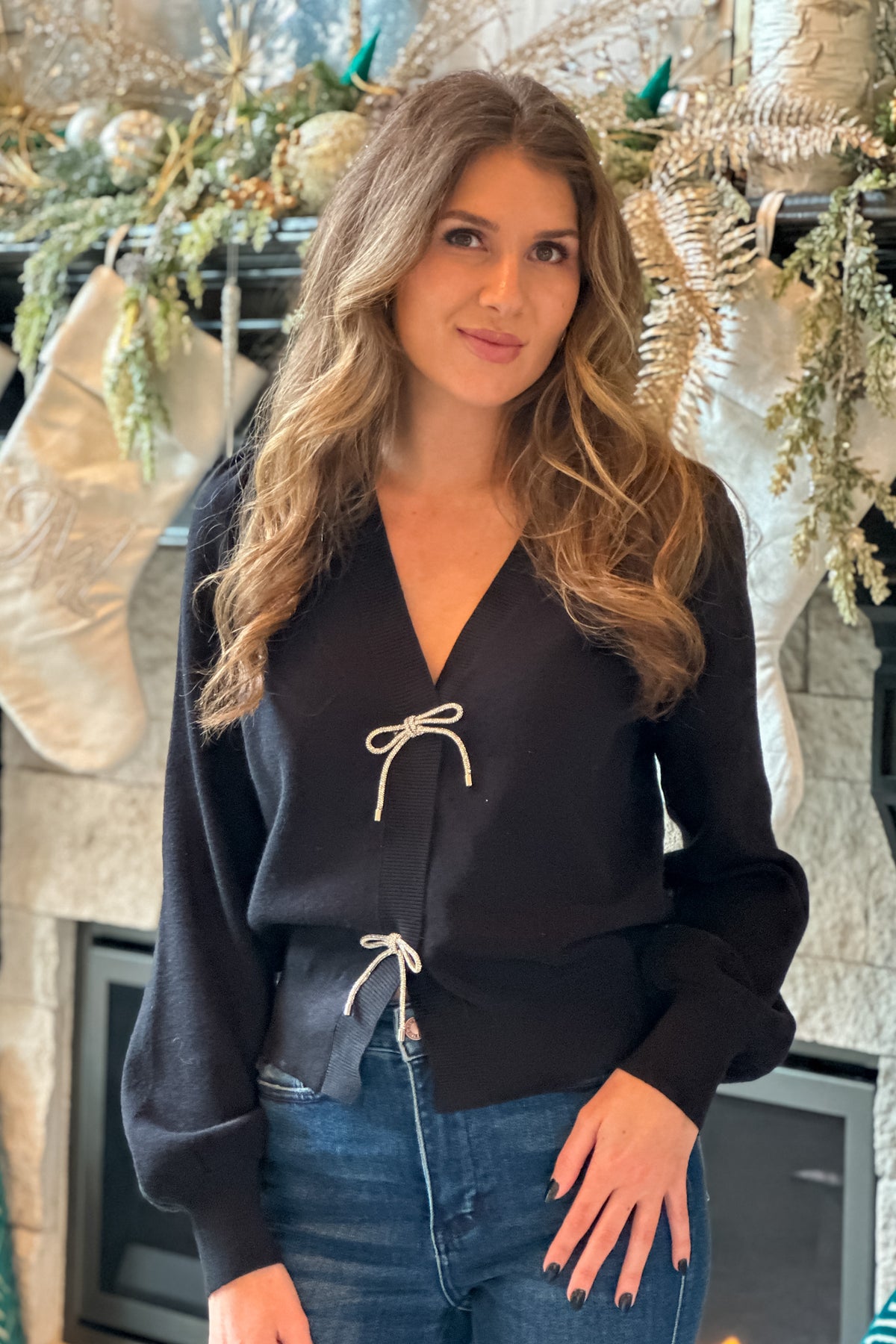 Holiday Carols Bow Sweater Cardigan : Black