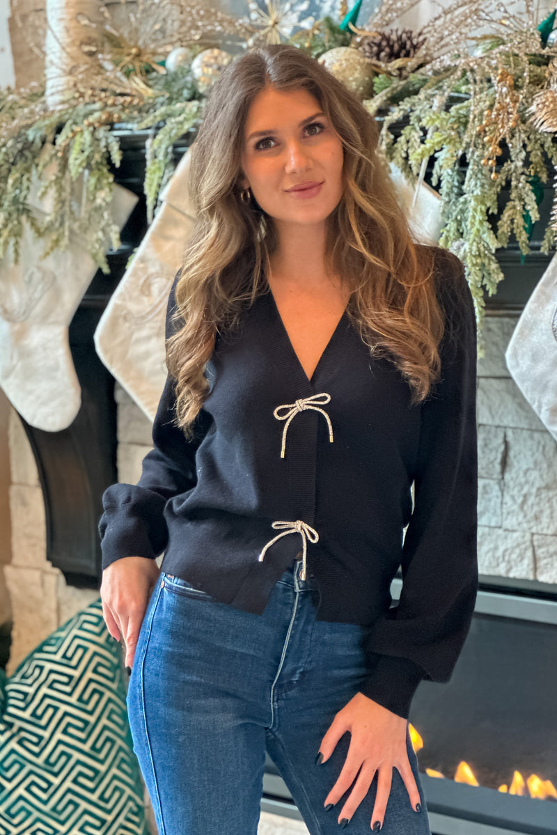 Holiday Carols Bow Sweater Cardigan : Black